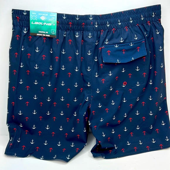 LAGUNA COASTAL FIT ABOVE THE KNEE BATHING SUIT, NAVY WITH RED & WHITE ANCHORS, L - Picture 6 of 15